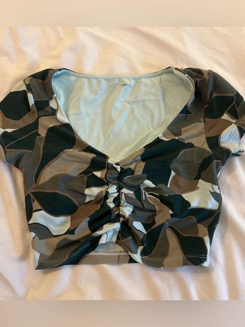 aerie Ruched Crop Top in Green and Tan Camo